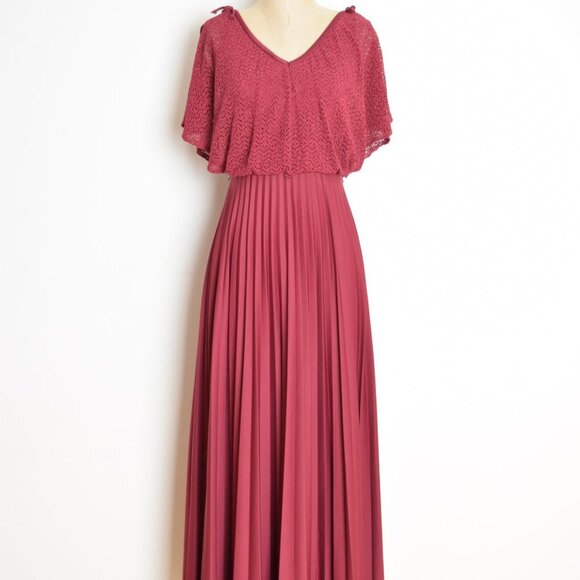 vintage 70s prom dress burgundy crochet lace flutter draped pleated long maxi XS - Picture 2 of 11